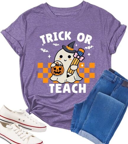 Halloween Teacher Shirts for Women Trick Or Teach Shirts Ghost T Shirt Bookish Tee Funny Cute Short Sleeve Tops in Kuwait