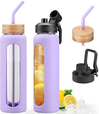 Glass Water Bottles with Straw -24oz- Water Bottle Phone Holder for Gym Sports Water Bottles with Silicone Sleeve Glass Drinking Bottles 2 Lids - Spout & Bamboo Straw Lid(Amber) in Saudi Arabia