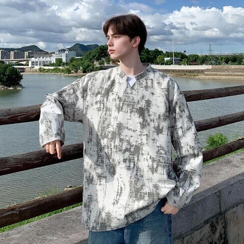Unisex Corduroy Tie Dye Sweatshirt Men Women Long Sleeve Loose V Neck Casual Shirt, White, Medium in Saudi Arabia