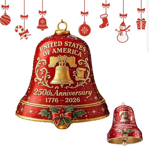 United States 250th Anniversary Bell Ornament, 3D Red & Gold 250th Anniversary Bell Ornament, Shatterproof Hanging Bell Ornaments for Christmas Tree, Windows, Cars in Saudi Arabia