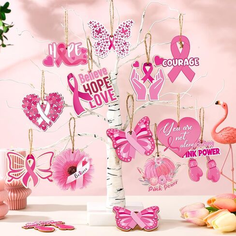 36 Pcs Breast Cancer Hanging Ornaments Tree Decor Breast Cancer Awareness Wooden Signs Pink Ribbon Wooden Pendant Positive Power Hope Love for Survivor Tree Party Decor in Saudi Arabia