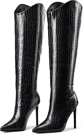 Elisabet Tang Women's Knee High Boots Pointed Toe Tall Boots 4 In Stiletto Heel Stylish Wide Calf Slip on High Heel Booties for Women Winter Long Boot Shoes in Saudi Arabia