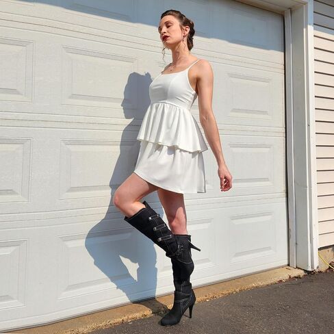 Uniquelly Womens Denim Knee High Boots Stiletto High Heel Mid Calf Slip On Round Toe Classic Retro Winter Shoes in Saudi Arabia