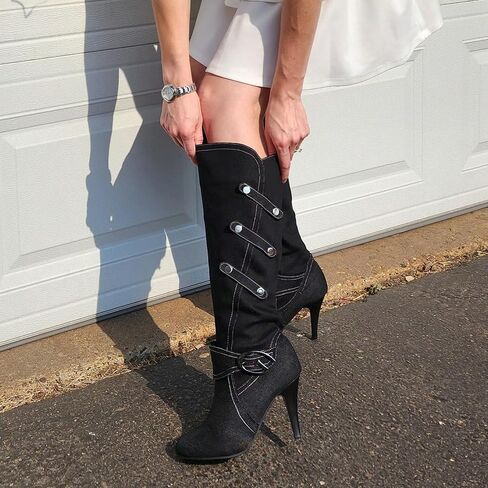 Uniquelly Womens Denim Knee High Boots Stiletto High Heel Mid Calf Slip On Round Toe Classic Retro Winter Shoes in Saudi Arabia