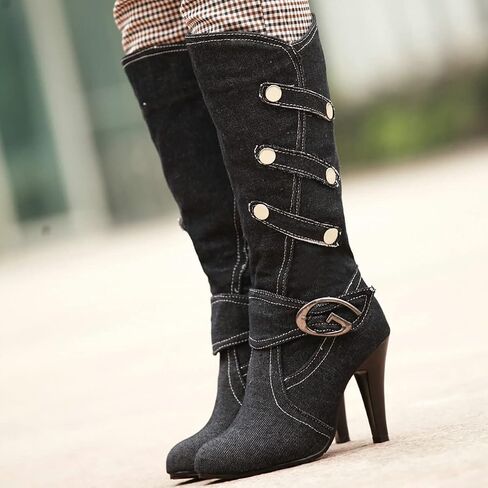 Uniquelly Womens Denim Knee High Boots Stiletto High Heel Mid Calf Slip On Round Toe Classic Retro Winter Shoes in Saudi Arabia
