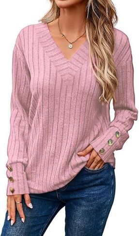 Womens Soft Long Sleeve V Neck Shirts Solid Casual Decorative Buttons Knitted Pullover Tunic Tops in Saudi Arabia