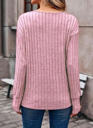 Womens Soft Long Sleeve V Neck Shirts Solid Casual Decorative Buttons Knitted Pullover Tunic Tops in Saudi Arabia