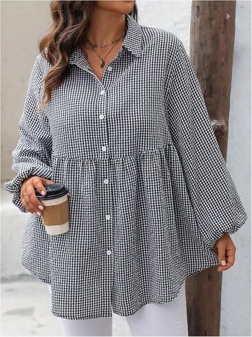 بلوزات نسائية من MakeMeChic بمقاس كبير، قميص منقوش بأكمام واسعة وأزرار سفلية، ملابس بيبلوم من الخمسينيات من القرن الماضي in Saudi Arabia
