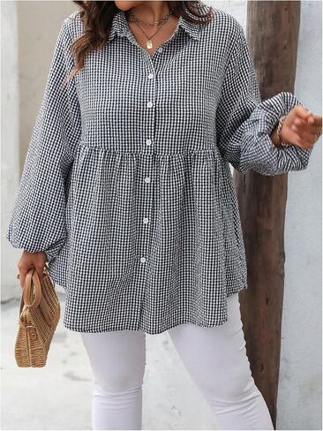بلوزات نسائية من MakeMeChic بمقاس كبير، قميص منقوش بأكمام واسعة وأزرار سفلية، ملابس بيبلوم من الخمسينيات من القرن الماضي in Saudi Arabia