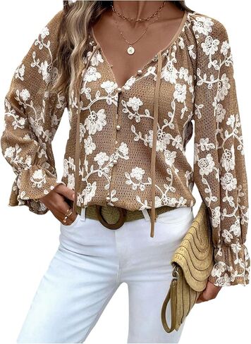 MakeMeChic Women's Floral V Neck Blouse Tops Bell Sleeve Button Down Tie Front Shirt in Saudi Arabia