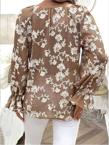 MakeMeChic Women's Floral V Neck Blouse Tops Bell Sleeve Button Down Tie Front Shirt in Saudi Arabia
