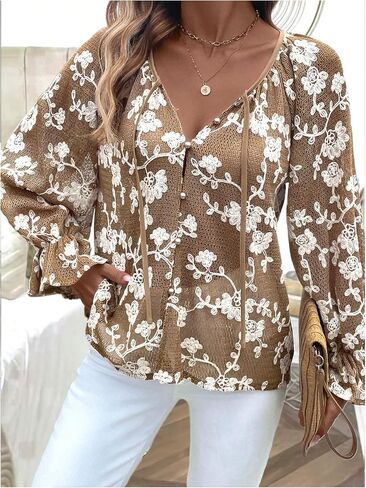 MakeMeChic Women's Floral V Neck Blouse Tops Bell Sleeve Button Down Tie Front Shirt in Saudi Arabia
