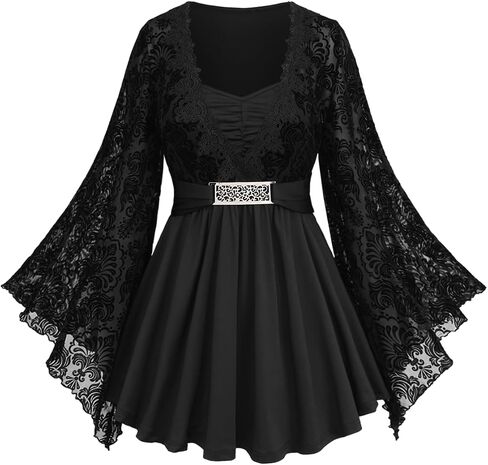 Rosegal المرأة حجم كبير الدانتيل زين تقليم Ruched مشبك يتدفقون الأزهار طويلة الأكمام مضيئة 2 في 1 Flowy الأعلى in Kuwait