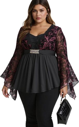 Rosegal المرأة حجم كبير الدانتيل زين تقليم Ruched مشبك يتدفقون الأزهار طويلة الأكمام مضيئة 2 في 1 Flowy الأعلى in Saudi Arabia