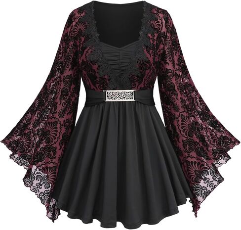 Rosegal المرأة حجم كبير الدانتيل زين تقليم Ruched مشبك يتدفقون الأزهار طويلة الأكمام مضيئة 2 في 1 Flowy الأعلى in Saudi Arabia