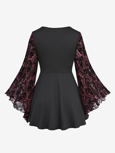 Rosegal المرأة حجم كبير الدانتيل زين تقليم Ruched مشبك يتدفقون الأزهار طويلة الأكمام مضيئة 2 في 1 Flowy الأعلى in Saudi Arabia
