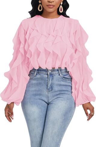 Women's Summer Ruffles Sheer Blouse Long Sleeve Sexy Back Low Tops Casual Layered Shirt Trendy Party Wear in Saudi Arabia
