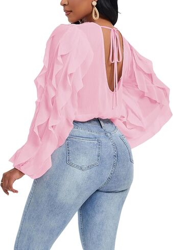 Women's Summer Ruffles Sheer Blouse Long Sleeve Sexy Back Low Tops Casual Layered Shirt Trendy Party Wear in Saudi Arabia