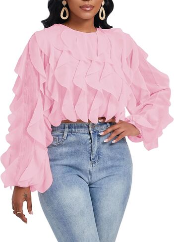 Women's Summer Ruffles Sheer Blouse Long Sleeve Sexy Back Low Tops Casual Layered Shirt Trendy Party Wear in Saudi Arabia