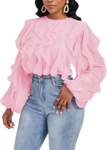 Women's Summer Ruffles Sheer Blouse Long Sleeve Sexy Back Low Tops Casual Layered Shirt Trendy Party Wear in Saudi Arabia
