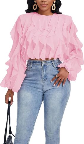 Women's Summer Ruffles Sheer Blouse Long Sleeve Sexy Back Low Tops Casual Layered Shirt Trendy Party Wear in Saudi Arabia