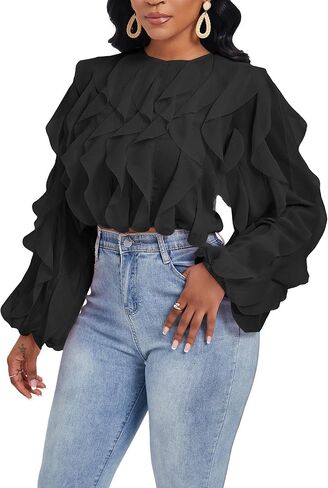 Women's Summer Ruffles Sheer Blouse Long Sleeve Sexy Back Low Tops Casual Layered Shirt Trendy Party Wear in Saudi Arabia