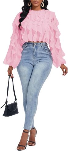 Women's Summer Ruffles Sheer Blouse Long Sleeve Sexy Back Low Tops Casual Layered Shirt Trendy Party Wear in Saudi Arabia