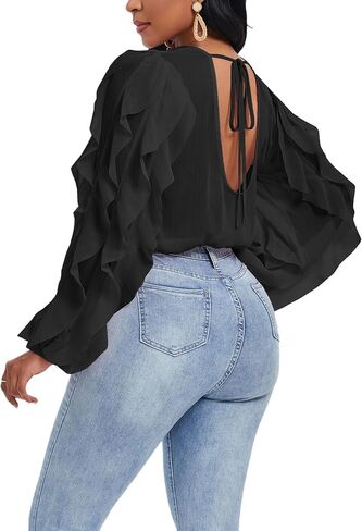Women's Summer Ruffles Sheer Blouse Long Sleeve Sexy Back Low Tops Casual Layered Shirt Trendy Party Wear in Saudi Arabia