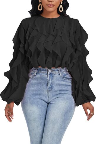 Women's Summer Ruffles Sheer Blouse Long Sleeve Sexy Back Low Tops Casual Layered Shirt Trendy Party Wear in Saudi Arabia