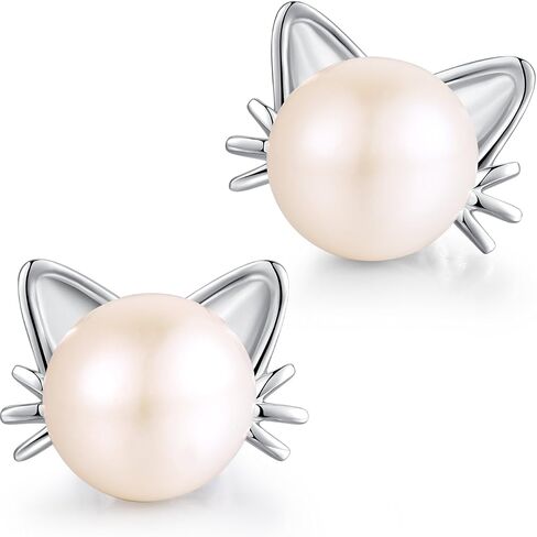 Cat Pearl Stud Earrings for Women 925 Sterling Silver Freshwater Pearl 7.5MM-8MM in Kuwait