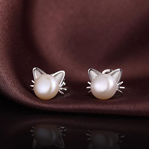 Cat Pearl Stud Earrings for Women 925 Sterling Silver Freshwater Pearl 7.5MM-8MM in Kuwait