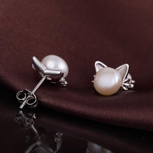 Cat Pearl Stud Earrings for Women 925 Sterling Silver Freshwater Pearl 7.5MM-8MM in Kuwait