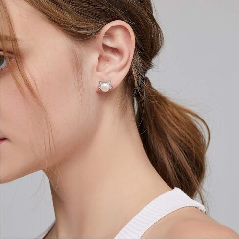 Cat Pearl Stud Earrings for Women 925 Sterling Silver Freshwater Pearl 7.5MM-8MM in Kuwait