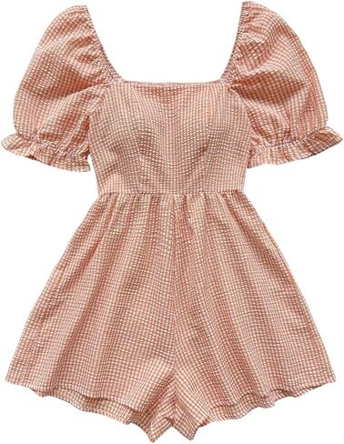 Milumia Women's Gingham Square Neck Puff Sleeve Romper Plaid Shorts Jumpsuit in Saudi Arabia
