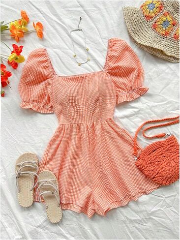 Milumia Women's Gingham Square Neck Puff Sleeve Romper Plaid Shorts Jumpsuit in Saudi Arabia