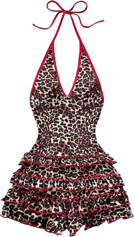 Milumia Women's Leopard Print Sleeveless Halter Romper Y2K Contrast Binding Shorts Jumpsuit in Saudi Arabia