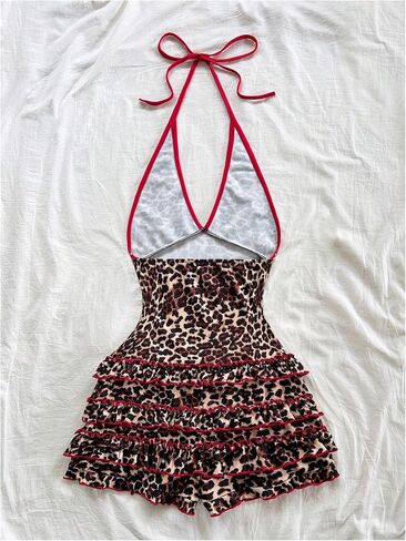 Milumia Women's Leopard Print Sleeveless Halter Romper Y2K Contrast Binding Shorts Jumpsuit in Saudi Arabia
