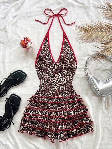 Milumia Women's Leopard Print Sleeveless Halter Romper Y2K Contrast Binding Shorts Jumpsuit in Saudi Arabia
