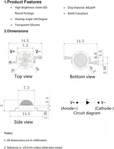 10PCS 3W High Power LED Chip,Purple Light Emitter Diode Electronic Component Repairing LED Lamp Bulb DIY Lighting (700mA/3.2-3.6V/140deg/420nm-425nm) in Kuwait