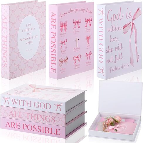 3 قطع من الكتب المزخرفة ذات القوس الوردي مع آيات الكتاب المقدس لديكور غرفة المغناج، كتب مزيفة مسيحية بريبي مع الله، كل الأشياء ممكنة، صندوق تخزين مغناطيسي لرف الكتب هدية العودة إلى المدرسة in Kuwait