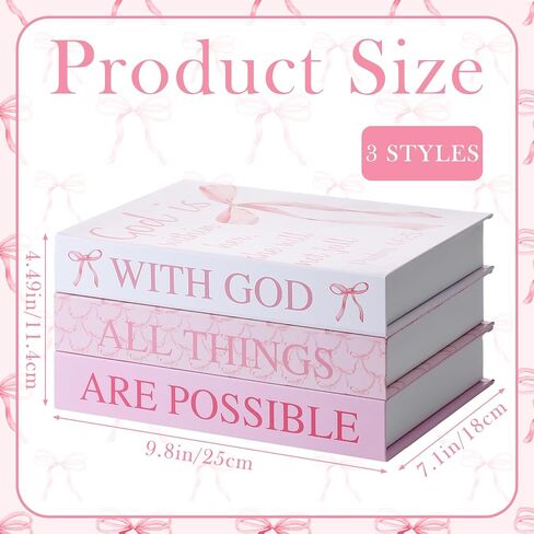 3 قطع من الكتب المزخرفة ذات القوس الوردي مع آيات الكتاب المقدس لديكور غرفة المغناج، كتب مزيفة مسيحية بريبي مع الله، كل الأشياء ممكنة، صندوق تخزين مغناطيسي لرف الكتب هدية العودة إلى المدرسة in Kuwait