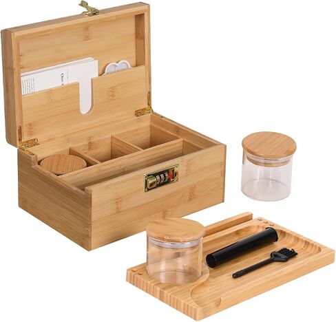 ARTAWEIN Bamboo Storage Box - Multipurpose Decorative Organizer with Removable Tray, 3 Glass Jars, and Combination Lock | Natural & Stylish in Saudi Arabia
