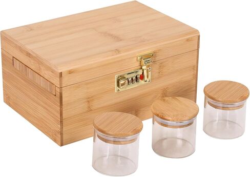 ARTAWEIN Bamboo Storage Box - Multipurpose Decorative Organizer with Removable Tray, 3 Glass Jars, and Combination Lock | Natural & Stylish in Saudi Arabia