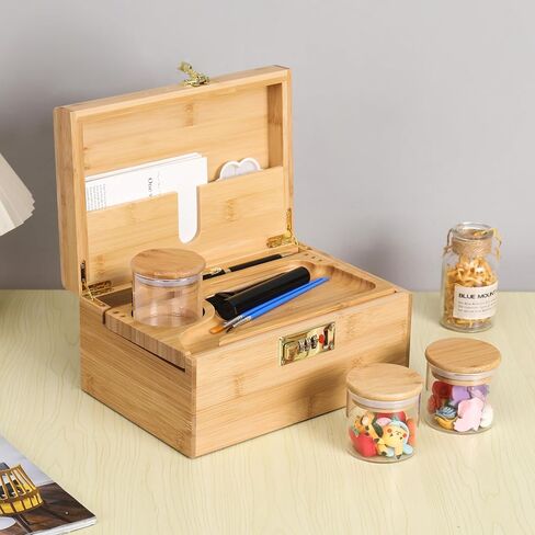 ARTAWEIN Bamboo Storage Box - Multipurpose Decorative Organizer with Removable Tray, 3 Glass Jars, and Combination Lock | Natural & Stylish in Saudi Arabia
