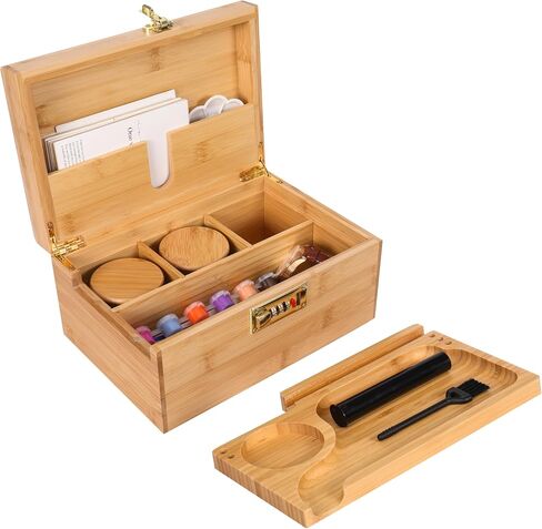ARTAWEIN Bamboo Storage Box - Multipurpose Decorative Organizer with Removable Tray, 3 Glass Jars, and Combination Lock | Natural & Stylish in Saudi Arabia