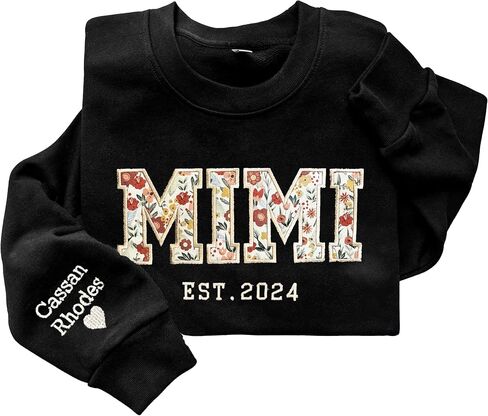 NAZENTI Custom Floral Embroidered Grandma Sweatshirt with Kids Names on Sleeve, Mama Est 2025, Grandma in Saudi Arabia
