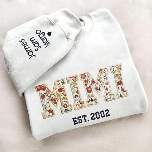 NAZENTI Custom Floral Embroidered Grandma Sweatshirt with Kids Names on Sleeve, Mama Est 2025, Grandma in Saudi Arabia