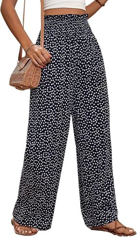 chouyatou Women's Vintage Floral Printed Wide Leg Pants Smocked Elastic Waist Beach Palazzo Pants in Saudi Arabia