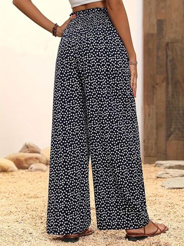 chouyatou Women's Vintage Floral Printed Wide Leg Pants Smocked Elastic Waist Beach Palazzo Pants in Saudi Arabia