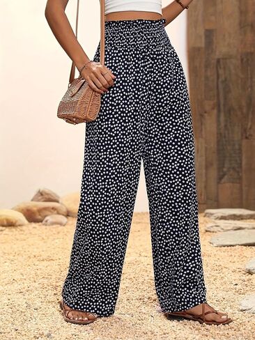 chouyatou Women's Vintage Floral Printed Wide Leg Pants Smocked Elastic Waist Beach Palazzo Pants in Saudi Arabia